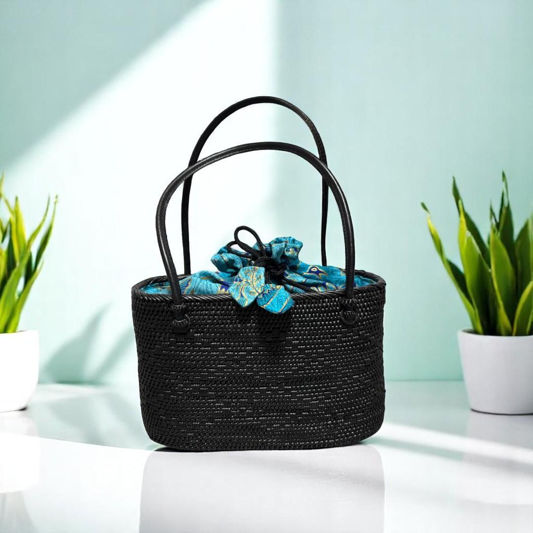 アタ細工 楕円 黒 アタバッグ アタ製　ラタン　手編み　カゴバッグ かごバッグ 籠